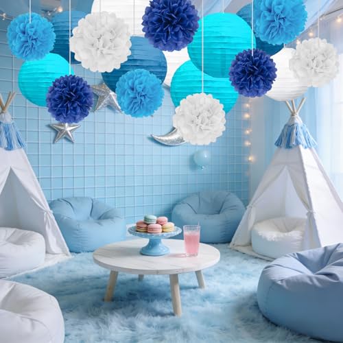 Image of 18 PCS Blue White Paper Lanterns & Tissue Paper Pom Poms for Boyss Birthday, Baby Shower, Wedding, Bridal Shower, Hanging Paper Decor for Indoor Outdoor Events Party Supplies