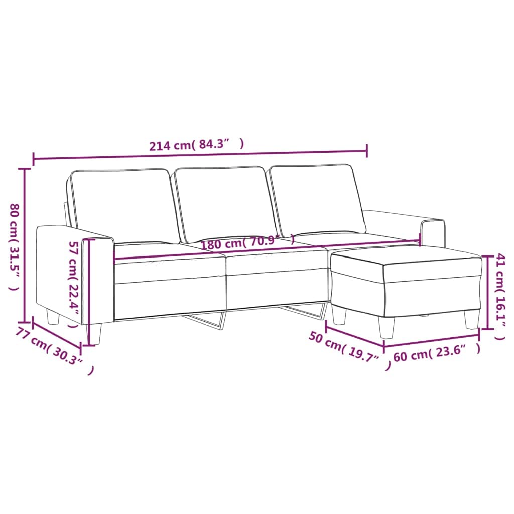 Canapé 3 places avec tabouret, marron, 214 cm, en tissu, canapé
