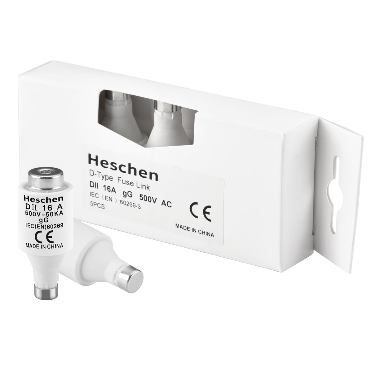 Heschen Collegamenti di fusibile neozed in ceramica, Link fusibile tipo DII, 16A 500VAC, tipo gG, per la protezione di cavi e linee, confezione da 5