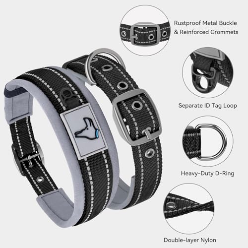 Image of Joytale Dog Collar for Medium Dogs, Neoprene Padded and Adjustable, Reflective Wide Heavy Duty Pet Collars with Durable Metal Belt Buckle for Walking, Black, M