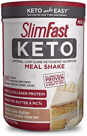 SlimFast Keto Meal Replacement Powder, Vanilla Cake Batter, Low Carb with Whey & Collagen Protein, 10 Servings