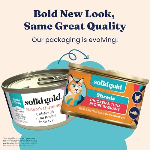Image of Solid Gold Wet Cat Food Shreds in Gravy - Healthy Canned Cat Food Made w /Real Chicken & Tuna Shreds, Vitamins & Minerals - Grain Free & Gluten Free Canned Meals for Cats & Kittens - 24ct /3oz Can