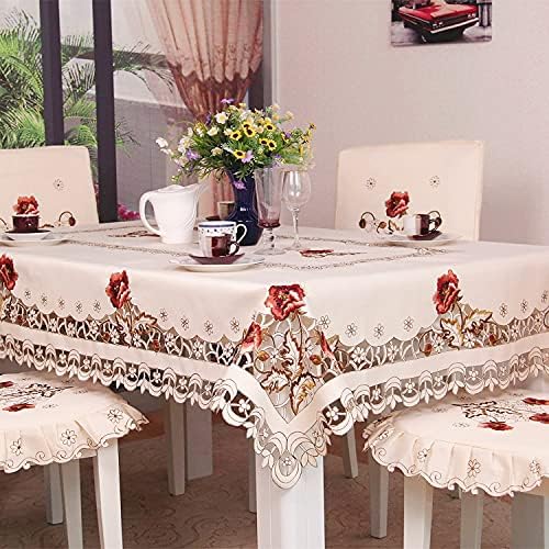 Arzoe Flower Embroidered Lace Cream Tablecloth Luxury Cutwork Table Cloths Cover Rectangular