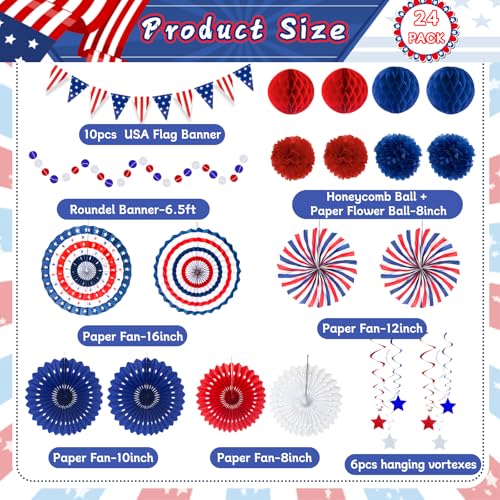 Image of 24 Pcs Patriotic 4th of July Decorations Kit, Paper Fans Pom Poms 8-16 in | Red white blue fans, pom poms, honeycomb balls, USA flag banner, swirls for 4th of July, Memorial Day, Independence Day decor