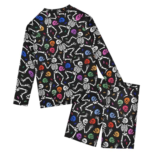 Colorful Skeleton Print Boys Swimsuit Rash Guard Toddler Kids Long Sleeve Swim Shirt and Trunks Swimwear Set 3-10Y2