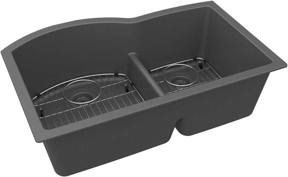 Elkay ELGHU3322RGT0C Quartz Classic 33" x 22" x 10", Offset 60/40 Double Bowl Undermount Sink Kit with Aqua Divide, Graphite