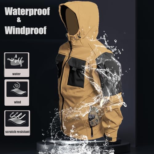 Image of Men's Outdoor Tactical Jacket Softshell Waterproof Lightweight Windbreaker Multi Pockets Hunting Hiking Jackets Khaki XXXL