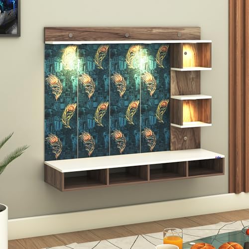 Image of Anikaa Kirina Engineered Wood Wall-Mount TV Unit with Printed PVC Back Panel & LED Lights | TV Cabinet with Storage Box & Decorative Shelves (Coachwood /White) for TVs up to 40 Inch | DIY Installation