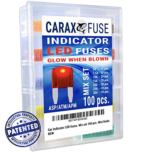 CARAX Glow Fuse  MINI Blade  100 pcs. Assortment Kit  Glow When Blown LED Automotive Fuse  Smart Glow Fuse Easy Identification  MIX 100 pcs.