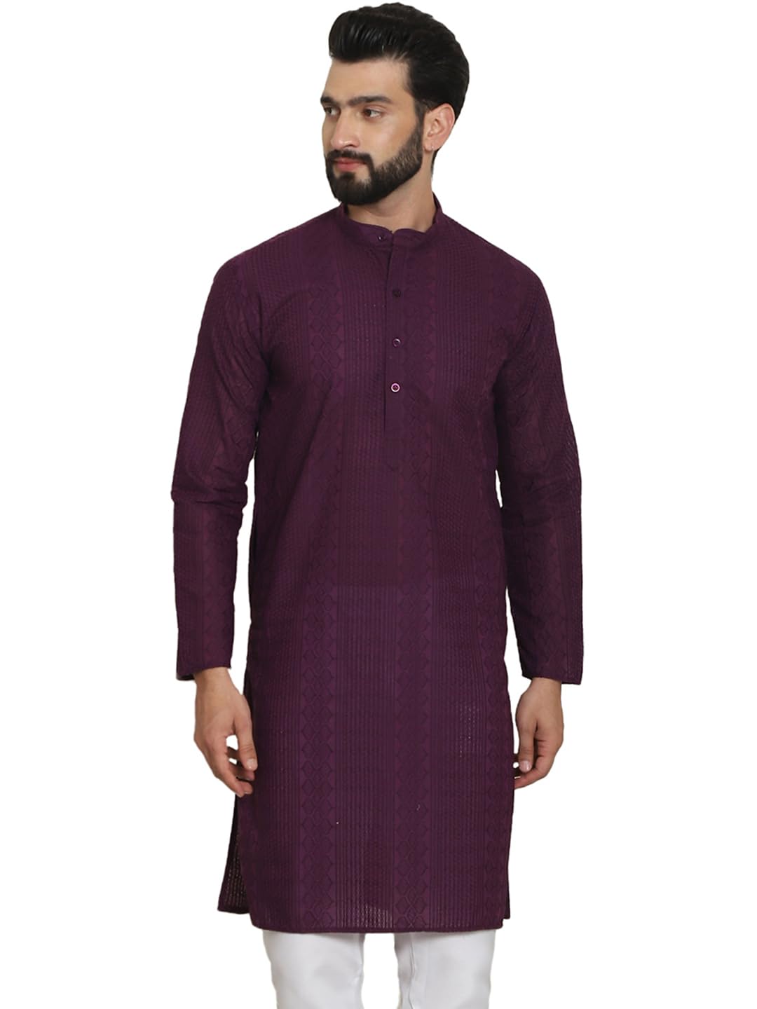 Sojanya (Since 1958 Men's Cotton Thread Embroidered Wine Long Kurta