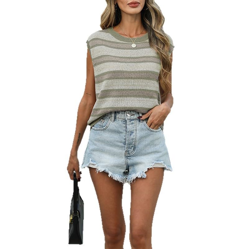 Women's Knit Vest Knit Color Block Striped Crew Neck Sleeveless