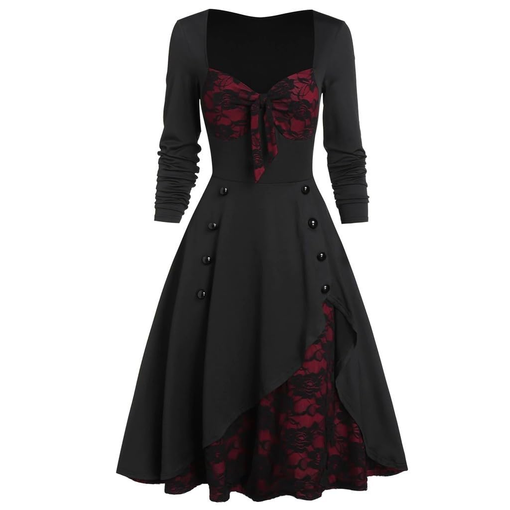 2026 Ample trapèze col cœur Manches Longues Dentelle Patchwork Grande Femme élégante décontractée pour Occasions festives Automne Hiver