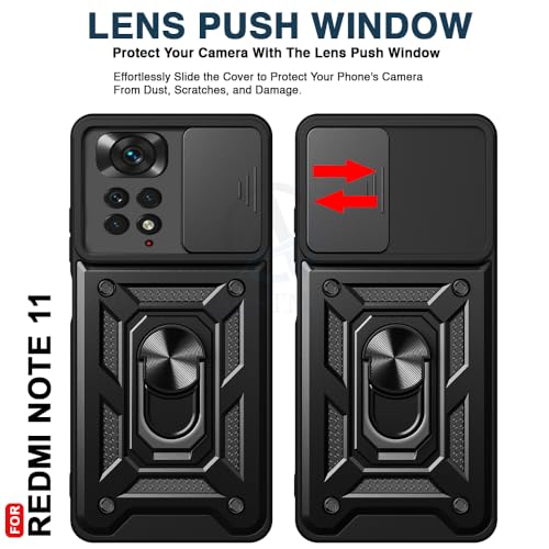 Image of AESTMO Tough Armor Redmi Note 11 / 11S Bumper Back Case Cover | Ring Holder & Sliding Camera Shield Cover | 360 Degree Protection Back Case Cover for Redmi Note 11 / 11S (Black)