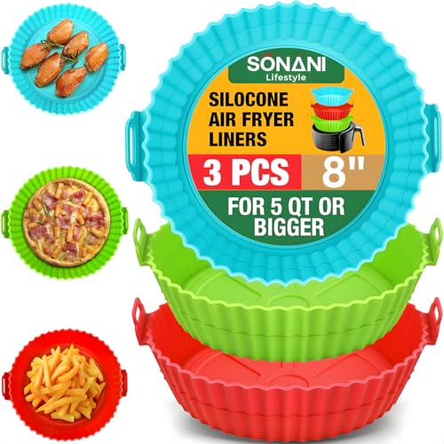 Image of Air Fryer Liners Pack of 3 - Round 8 Inch Silicone Air Fryer Liner, Reusable Baking Tray, Food Grade BPA Free, Heat Resistant 240C, Nonstick Pot with Handles, Fits 4-7 QT-Multicolor