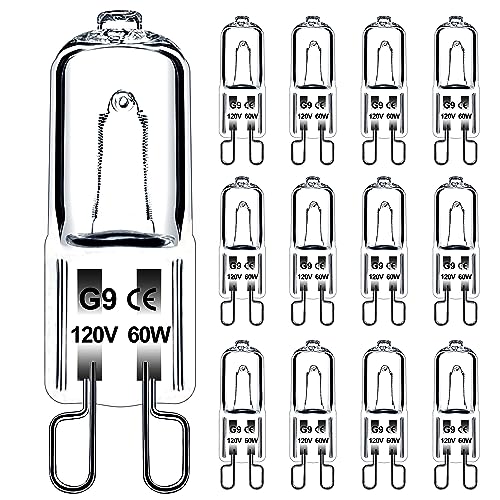 Jaenmsa 60W G9 Halogen Light Bulbs 2 Pin 12 Pcs Xenon G9 Bulb 60 Watt 120V JCD T4 Halogen G9 Bi-Pin Small Light Bulb for Microwave Oven Range Hood Light Bathroom Light Bulb Chandeliers Dimmable