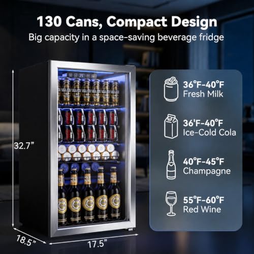 Image of Manastin Beverage Refrigerator Cooler-Mini Fridge Freestanding Cooler with Glass Door, Adjustable Shelves & Digital Temperature Display for Soda, Wine or Beer (Silver, 3.2 Cu.Ft)