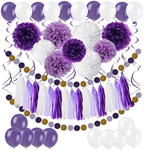 Cocodeko DIY Paper Pom Poms with Tissue Paper Tassel, Polka Dot Garland, Hanging Swirl Decorations and Balloon Kit for Birthday Wedding Showers Party Decorations - Purple