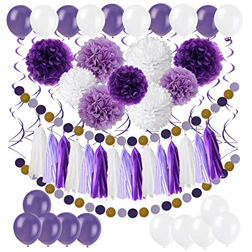 Décorations Anniversaire, Pompons Guirlandes Verticales Tissuel Garlands Ballons et Dotted Paper Garlands en Papier à Pois pour Anniversaire Mariage fêtes principales décorations pour- Violet Cover