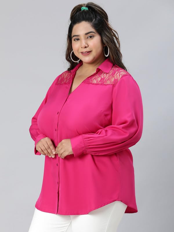 Image of oxolloxo Women Plus Size lace Detailed Collared Long Sleeve Shirt