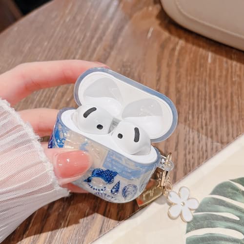 Image of MINSCOSE for Glitter AirPods 4 Case,Cute Shell Pattern Marine Life Design with Floral Keychain,Soft TPU Anti-Drop Shockproof Cover with Cleaner Kit for Women Girls for AirPods 4-Seashell