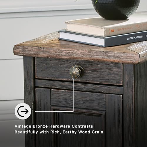 Image of Signature Design by Ashley Narrow Chairside End Table, USB & Outlets | Solid and engineered wood and veneers, 14 in wide, Pull-out tray with 2 cup holders, USB & AC power, Tyler Creek Series