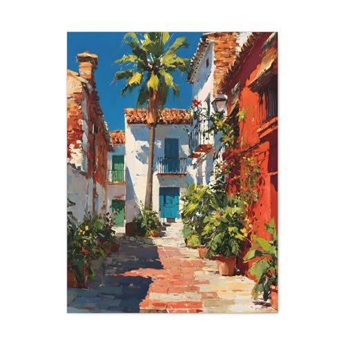 Malaga Sunlit Courtyard Wall Art with Red and White Walls and Mediterranean Style