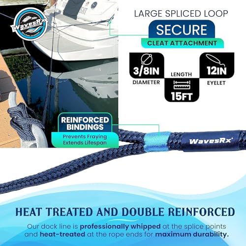 Image of Premium Nylon Boat Dock Lines & Ropes for Docking 3 /8'' x 15' | Double Braided Marine Rope & Mooring Line| Boat Ropes for Docking with Loop | UV & Saltwater Resistant Dock Ropes for Boats & Pontoons