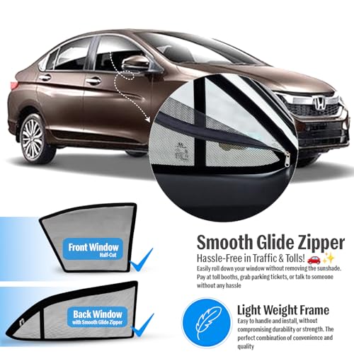 Image of Autofact Magnetic Car Sunshades Compatible with Honda City Idtech (2014 to 2019) (Set of 4) - Easy Installation, UV Protection (Front 2 Half-Cut for Side Mirror Visibility, Rear 2 with Zippers)