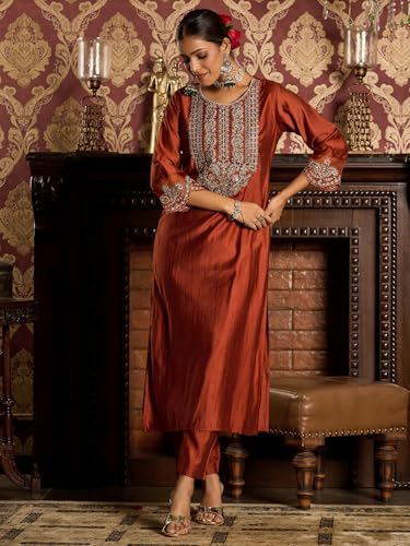 Image of INDO ERA Women's Liva Embroidered Straight Kurta & Pant With Dupatta Set (SHUTR6718)