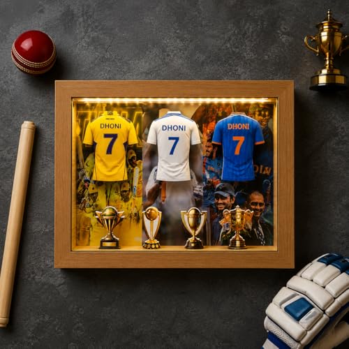 Image of 7 Cricket Jersey Shadow Box Frame with LED Light | CSK Cricket Fan Gift | Sports Display Box for Gaming Room & Bedroom Decor | Cricket Gifts for Men (MS Dhoni)