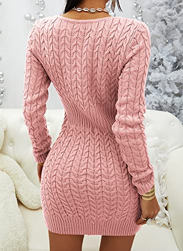 Image of Veatzaer Womens Zip V Neck Long Sleeve Cable Knit Mini Sexy Sweater Dressse | Casual,Slim Fit,Solid,2026 Fall Winter,Slim Fit,Long Sweater Dress,Half Zipper,Bodycon