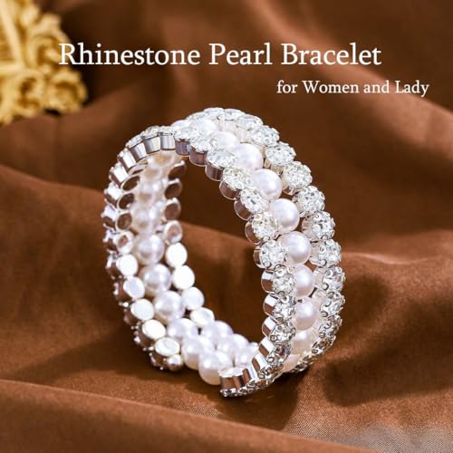 Pearl Rhinestone Bracelet Silver Layered Bracelets for Women Vintage White Pearl Bracelet Adjustable Open Bangle for Wedding2