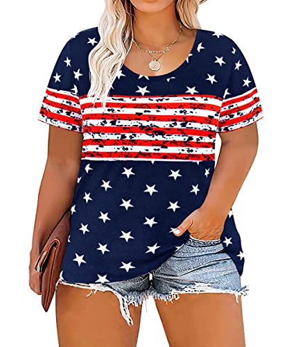 Image of CARCOS Plus Size Tops for Women Short Sleeve Summer Pullover Color Block Crewneck /V Neck Tee Tunic Loose Fit Tshirts XL-5XL