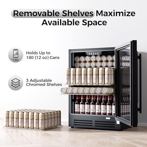 Image of Coolake 24 Inch Wide Under Counter Beverage Refrigerator, 180 Can Capacity Beverage Cooler with Glass Door, Built in or Freestanding, Drink Fridge for Basement, Kitchen, Office