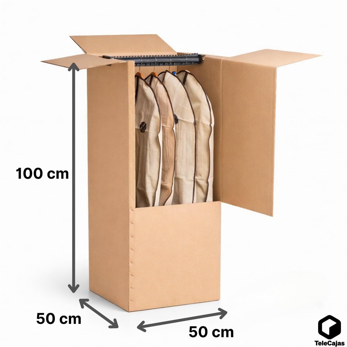 TELECAJAS | Caja Armario Portátil 50x50x101 cm de Cartón Doble | Ideal para mudanzas, trasteros o Viajes | Fácil Montaje con Barras Perchero y Cinta Adhesiva de Regalo Incluidas | Pack de 2 Armarios