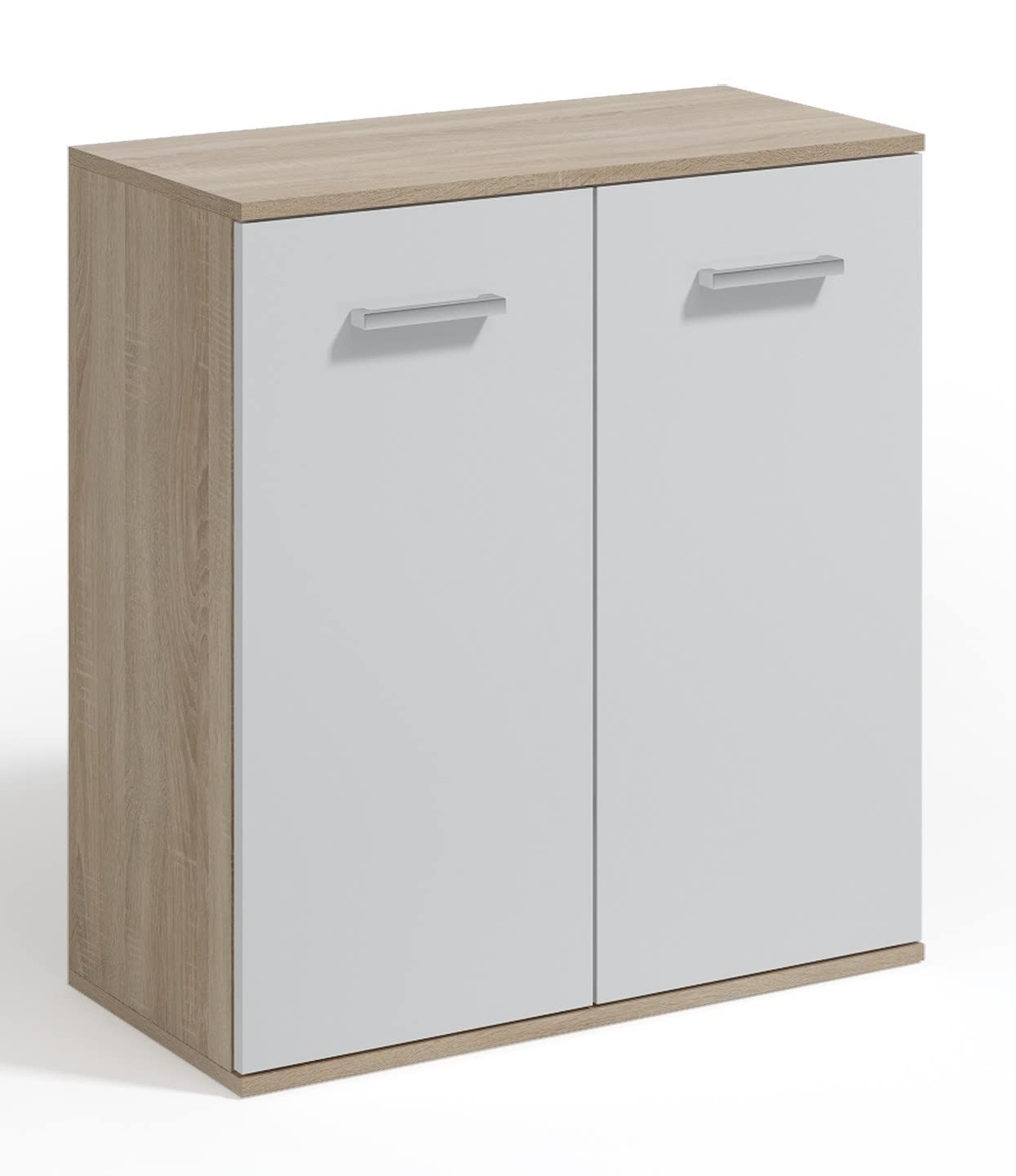 3E 3xE living.com Komoda z 2 szufladami i drzwiami, Dąb Sonoma/biały, L: 75cm, H: 85cm, P: 33cm, Szafa do przechowywania, pokój dla dorosłych, kredens salon, komoda sypialnia, przechowywanie sypialni