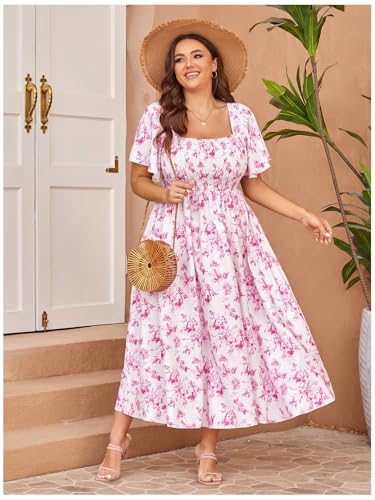 Image of Floerns Women's Plus Size Floral Square Neck Flounce Short Sleeve A Line Maxi Dress