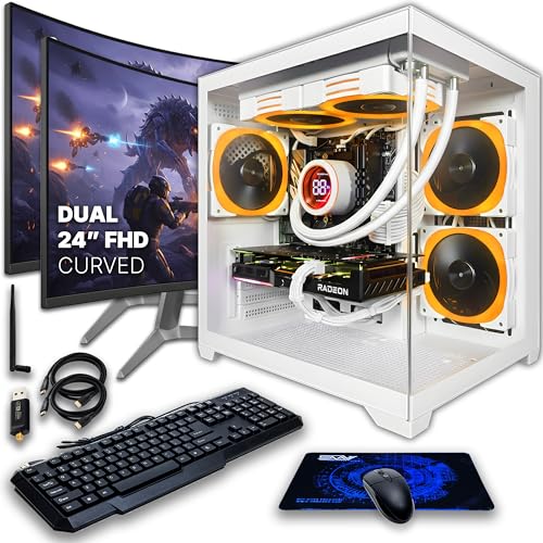 Image of SAAV Drex Prebuilt Gaming PC Bundle Desktop Tower Intel Core i7-12700KF GeForce RTX 5060 8GB GDDR6 Dual Curved 24in Monitors 16GB DDR4 512GB NVMe SSD WiFi 6 Windows 11 White RGB Computer PC Gaming