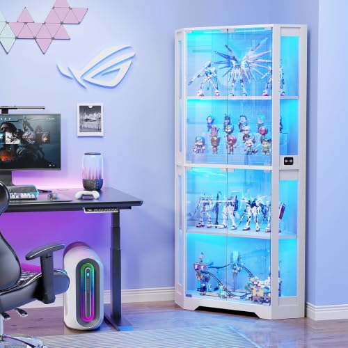 Image of BROTTAR Lighted Corner Display Cabinet with Glass Doors for Collectibles | 65 inch Curio Cabinet with 3 Color LED Lights, 4-Tier Showcase Display Case with Human Body Sensor for Trophies, Books, White