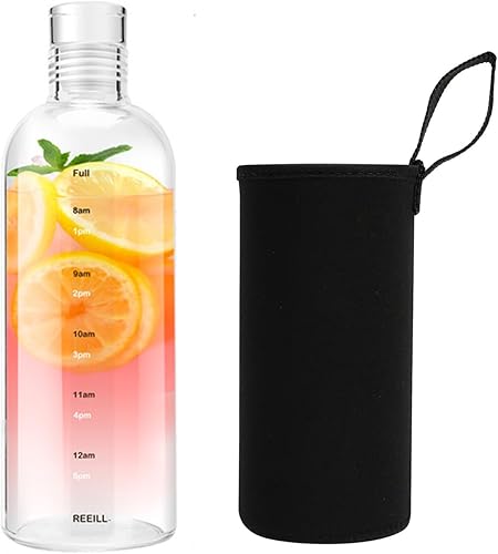 DNIENKGE Botella de agua de vidrio de 27 onzas con marcador de tiempo, a prueba de fugas, sin BPA, reutilizable, con funda antideslizante, para