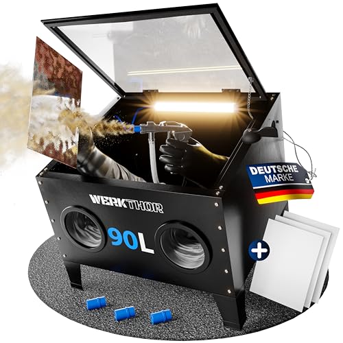 Werkthor Sandstrahlkabine 90 Liter - Sandstrahlgerät für Holz & Metall mit Strahlpistole & 4 Keramikdüsen - Sandstrahler zur Aufbereitung - 25 Gallonen