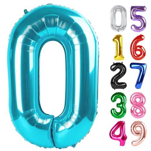 Image of Light Blue Number 0 Balloon 40 Inch, 0 Balloon Number for 10th 20th 30th 40th 50th 60th Birthday Decorations, Light Blue Party Supplies