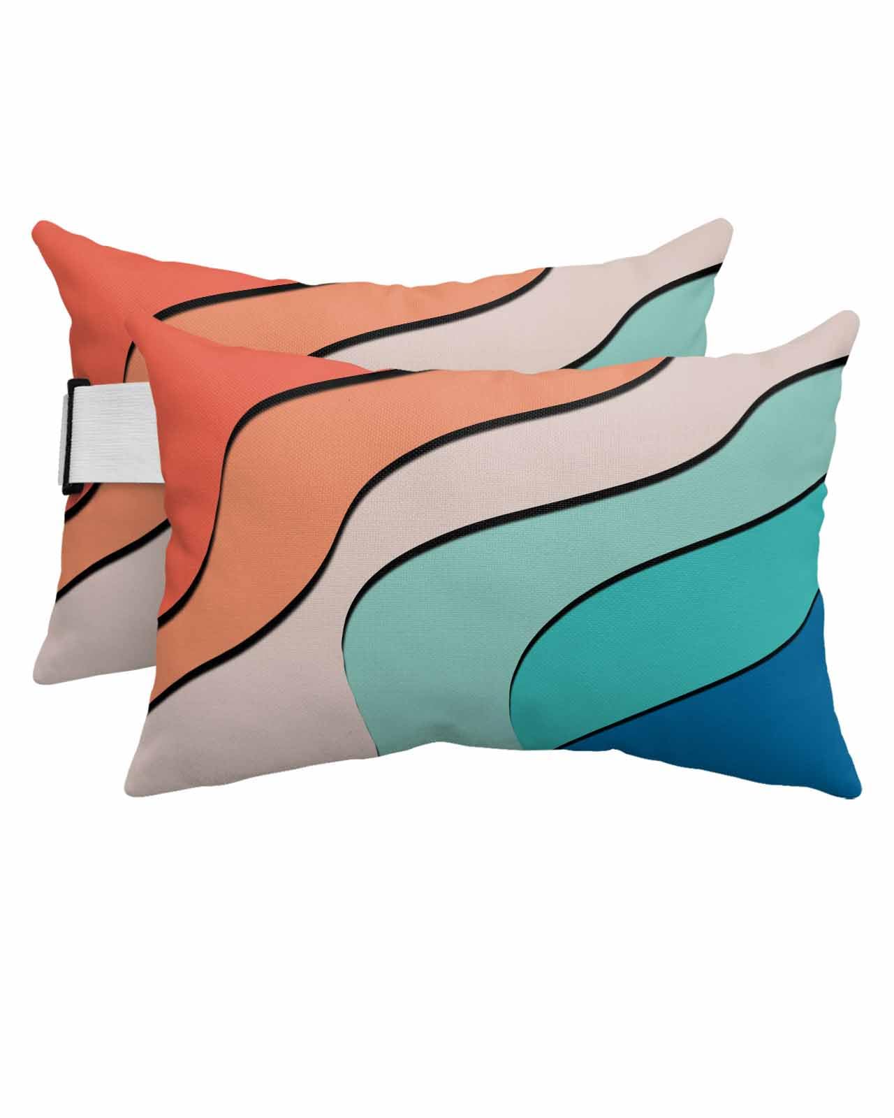 Anzona Pack of 4 Orange Teal Ombre Lumbar Pillow Covers, Outdoor Waterproof Throw Pillow Covers Set, Modern Moire Abstract Art Decorative Cushion Case for Patio Beach, 11x16 Inch