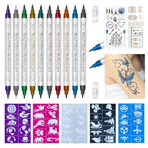 Temporary Tattoo Markers for Skin, 10 Colors Tattoo Pen + 50 Tattoo Stencils + 43 Tattoos Stickers, Flexible Brush Tip, Skin-Safe, Cosmetic-Grade, Tattoos Pen Kit for Kids and Adults