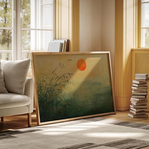 Impression nature asiatique coucher de soleil bambou tableau zen