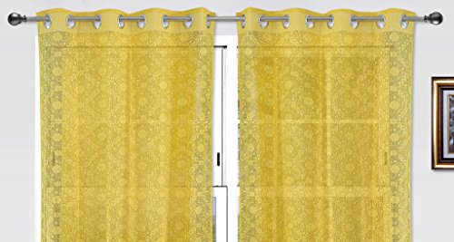 Image of Dekor World Yellow Cotton Net Curtain Set (Pack of 2)-110x275cm (4x9Feet) Long Door Curtain