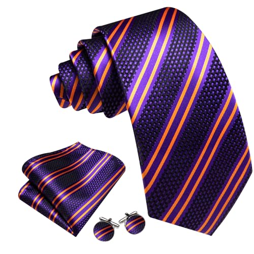 Image of Barry.Wang Man Stripe Ties Set Silk Woven Pocket Square Necktie Cufflinks Formal Party Business