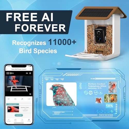 Smart Bird Feeder Camera, Free AI Forever, 32G TF Card & 1080P HD Camera Auto Capture Bird Videos & Solar Panel, App Notify When Birds Detected, Bird House with Built-in Two-Way Microphone