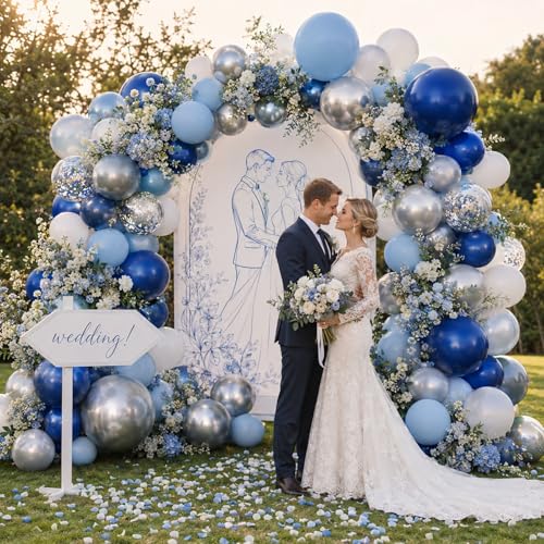 Image of Navy Blue Silver Balloons, 50 Packs 12 Inch Dark Pearl Blue Metallic Light Blue Balloon with Metallic Silver White Balloon for Birthday Graduation Wedding Bridal Baby Shower Party Decorations