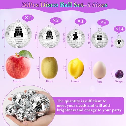 Flasoo 26 Pcs Disco Ball, 5 Sizes Disco Ball Ornaments Mini Mirror Silver Disco Balls Cake Topper Disco Themed Party Christmas Tree Ornaments Supplies (3.2inch, 2.4 Inch, 2 Inch, 1.6 Inch, 1.2 Inch)